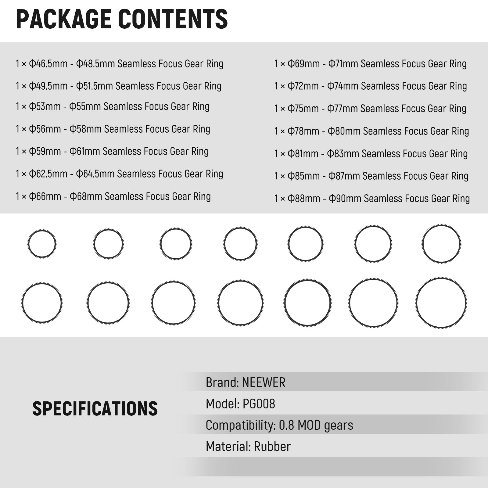 Package Contents of the NEEWER PG008 14PCS Seamless Follow Focus Gear Ring Set