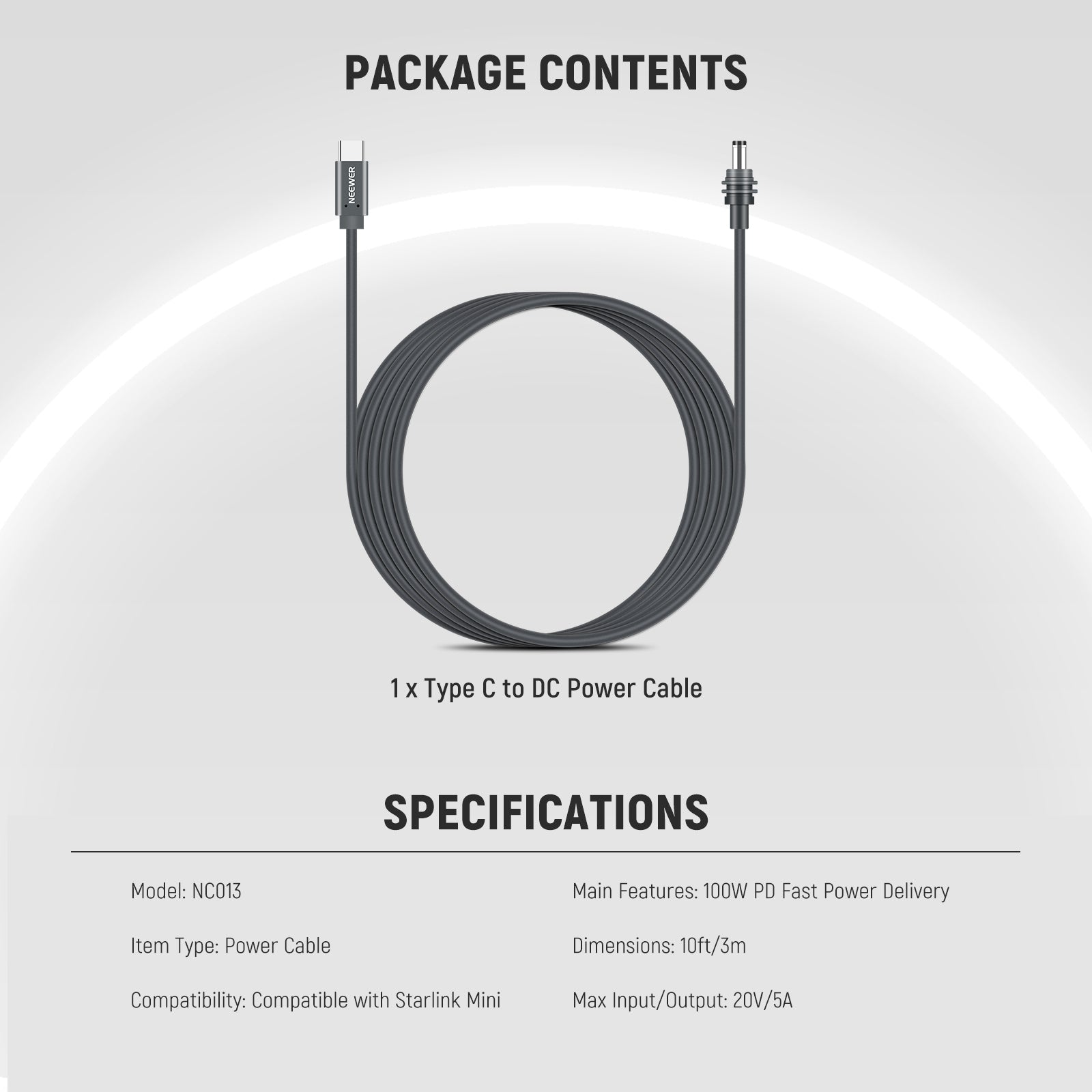 Package Contents of the NEEWER NC013 100W PD USB C to DC Power Cable For Starlink Mini