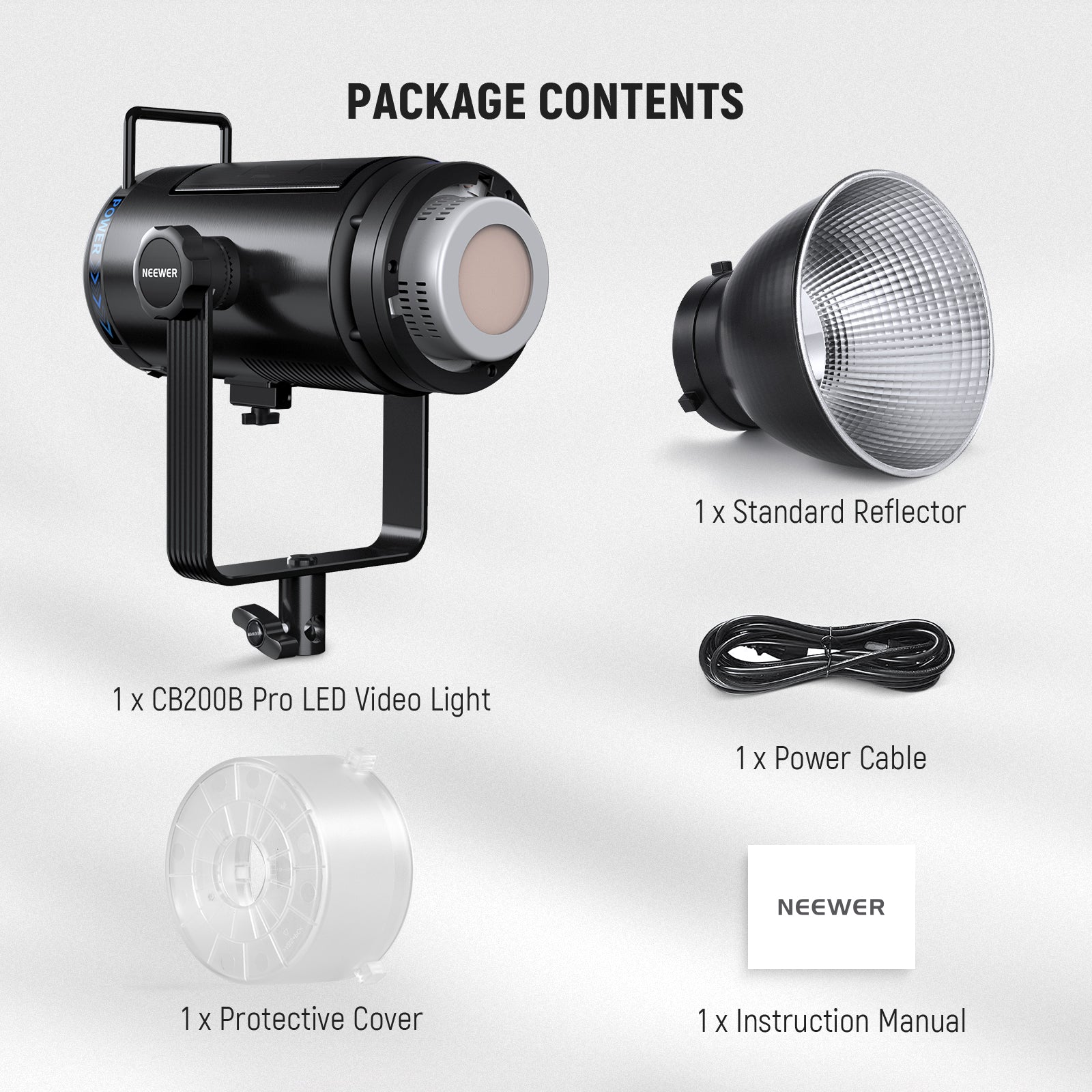 Package Contents of the NEEWER CB200B PRO 210W Bi-Color LED Video Light