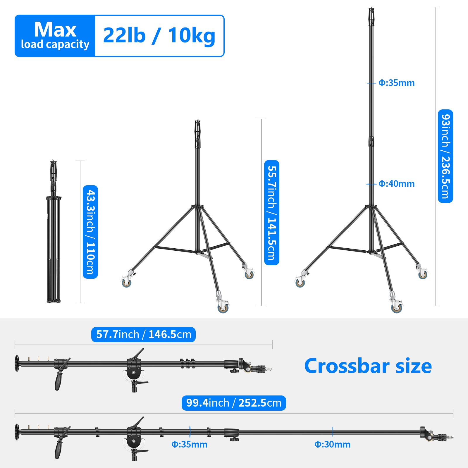 Neewer 7.9'/2.4M Photography Heavy Duty Wheeled Base Tripod Stand